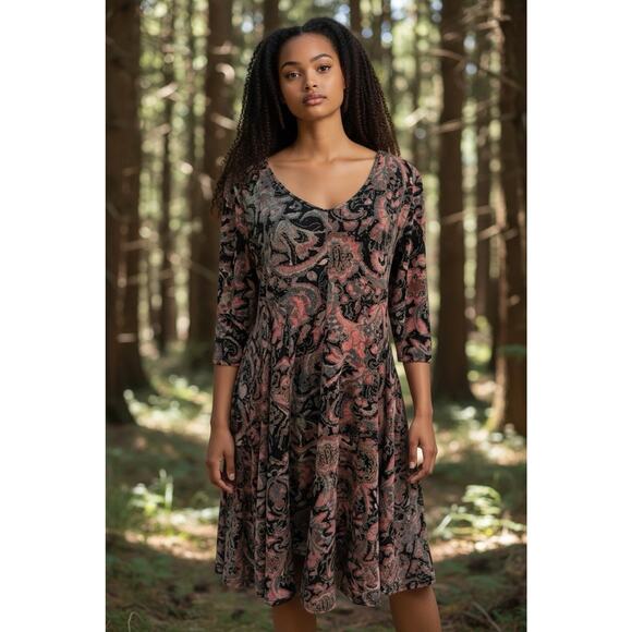 Peruvian Connection Dress M Fall Colors Fit & Flare Sustainable Comfortable - Picture 1 of 11